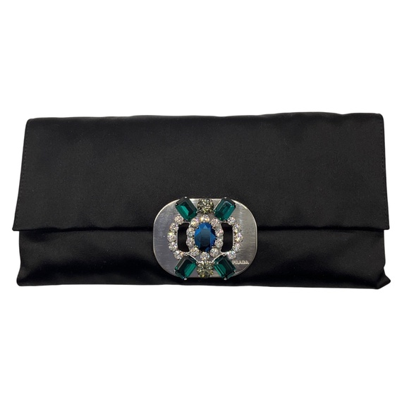 PRADA BLACK NERO / SILVER 2008 RASO JEWELED SATIN CLUTCH BAG - Picture 1 of 16